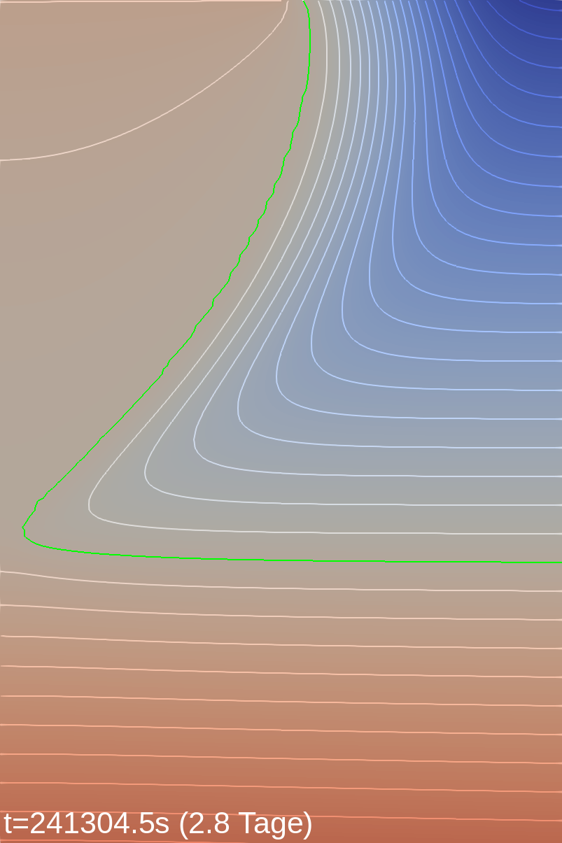 pressure profile of simulated salt water intrusion into a domain filled with clay below a drainage trench